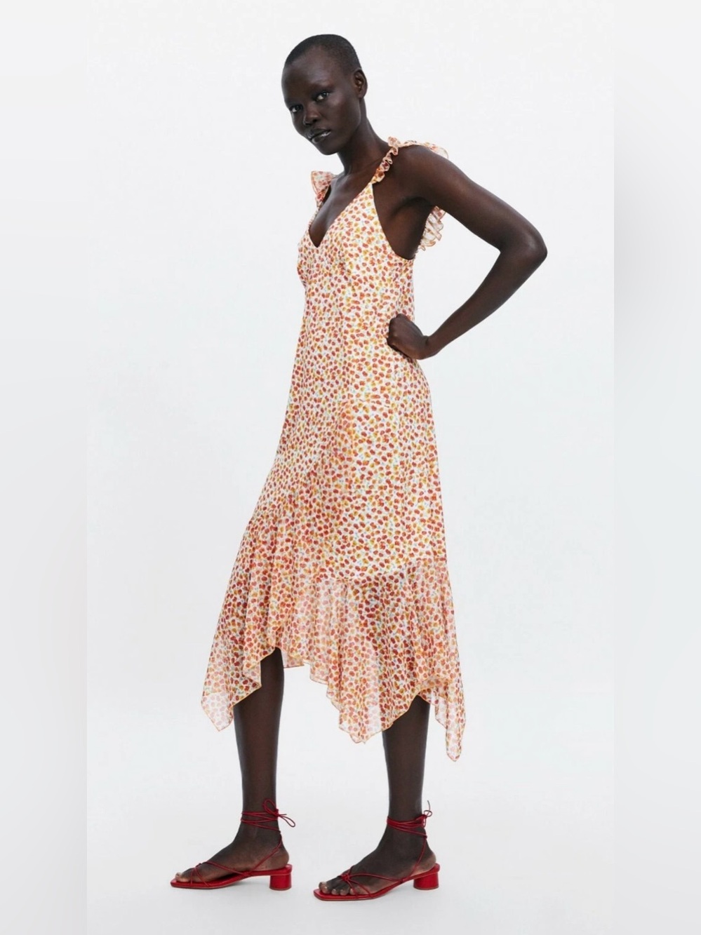 Zara Floral Ruffle Strap Midi Dress Size Medium